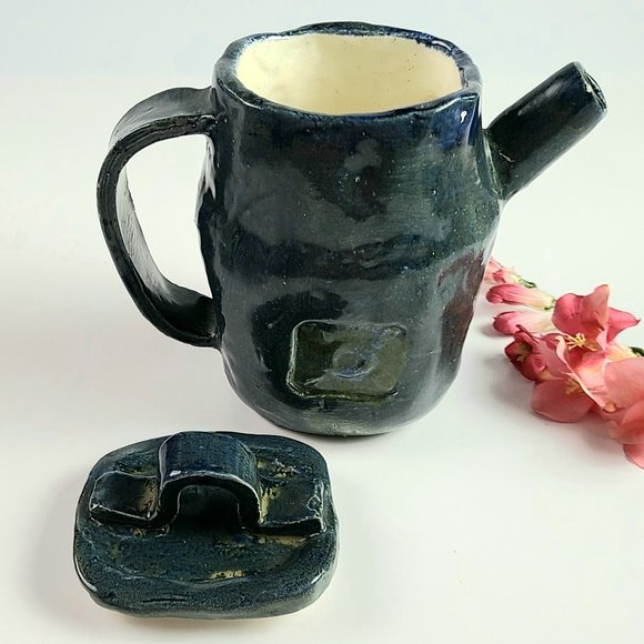 Vintage- Signed - Dark Blue Handmade Stoneware Tea Set with 6 Cups - Picture 10 of 12